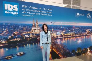 Italian, Spanish and English liaison interpreter Eleonora Monoscalco working at the international dental show