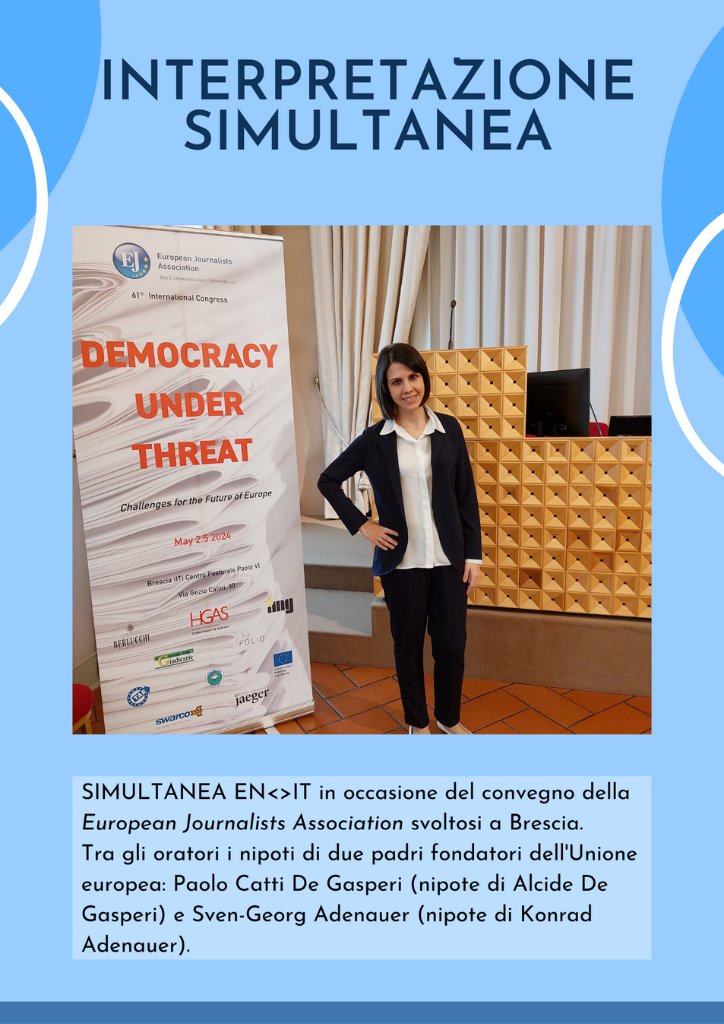 Eleonora Monoscalco, interprete italiano inglese a Milano mentre offre un servizio di traduzione simultanea per una conferenza di giornalismo e affari europei