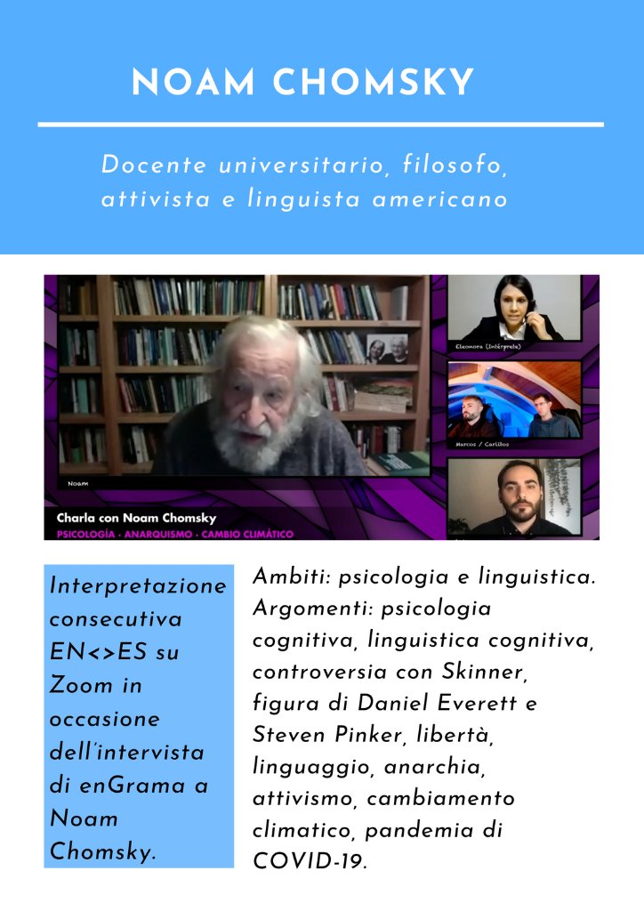 Eleonora Monoscalco mentre svolge un servizio di interpretazione da remoto inglese-spagnolo durante un’intervista a Noam Chomsky