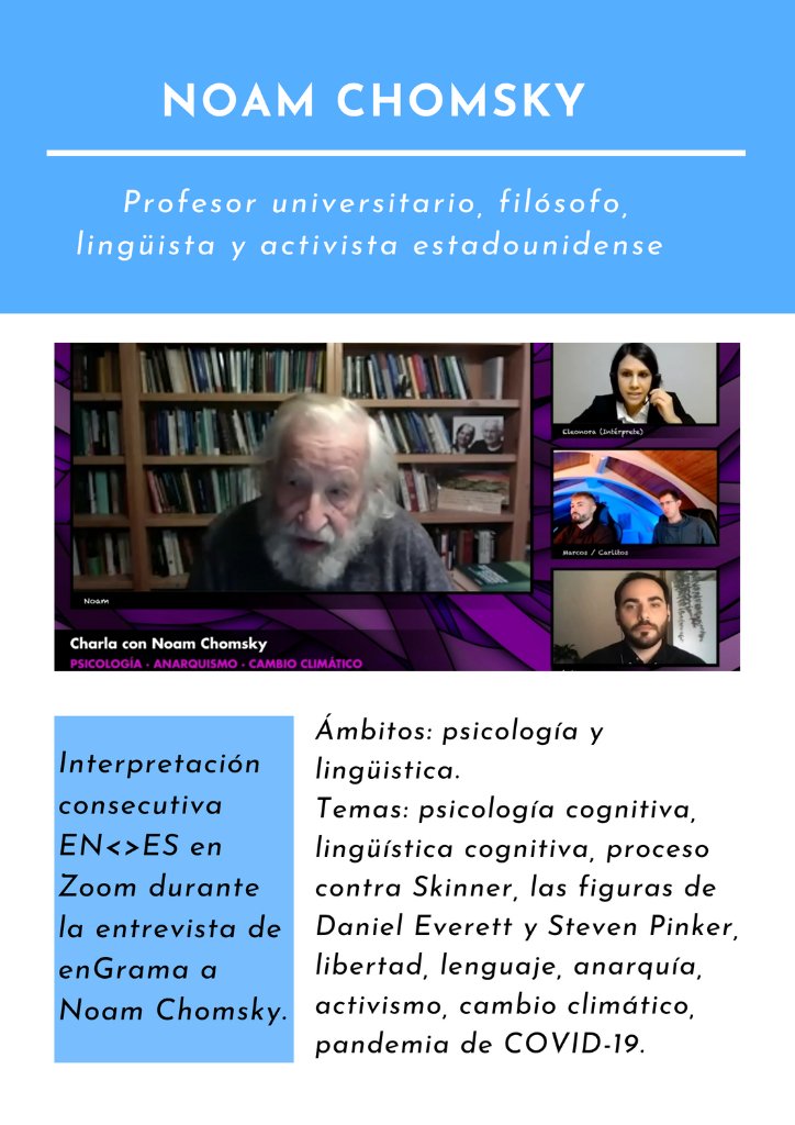 Eleonora Monoscalco mientras realiza un servicio de interpretación remota inglés-español durante una entrevista con Noam Chomsky