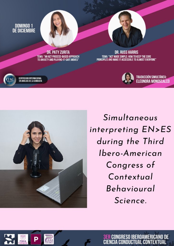 Eleonora Monoscalco, Spanish interpreter specializing in psychology, providing remote simultaneous interpretation for the Contextual Behavioral Science conference.