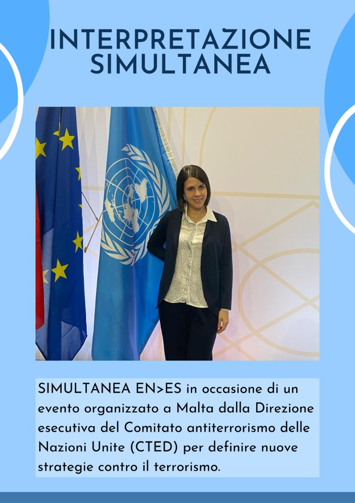 Eleonora Monoscalco, interprete a Milano e in Europa mentre svolge una traduzione simultanea inglese a un evento organizzato dalle Nazioni Unite a Malta.