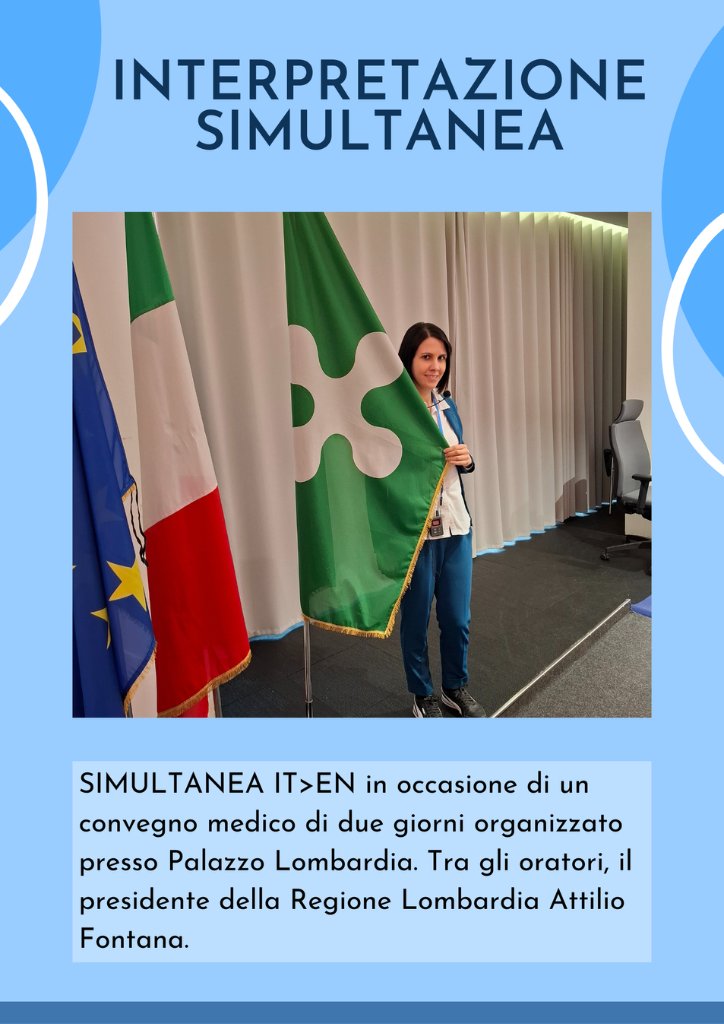 Eleonora Monoscalco, interprete medico inglese-italiano in occasione di un convegno medico di due giorni organizzato presso Palazzo Lombardia. Tra gli oratori, il presidente della Regione Lombardia Attilio Fontana.