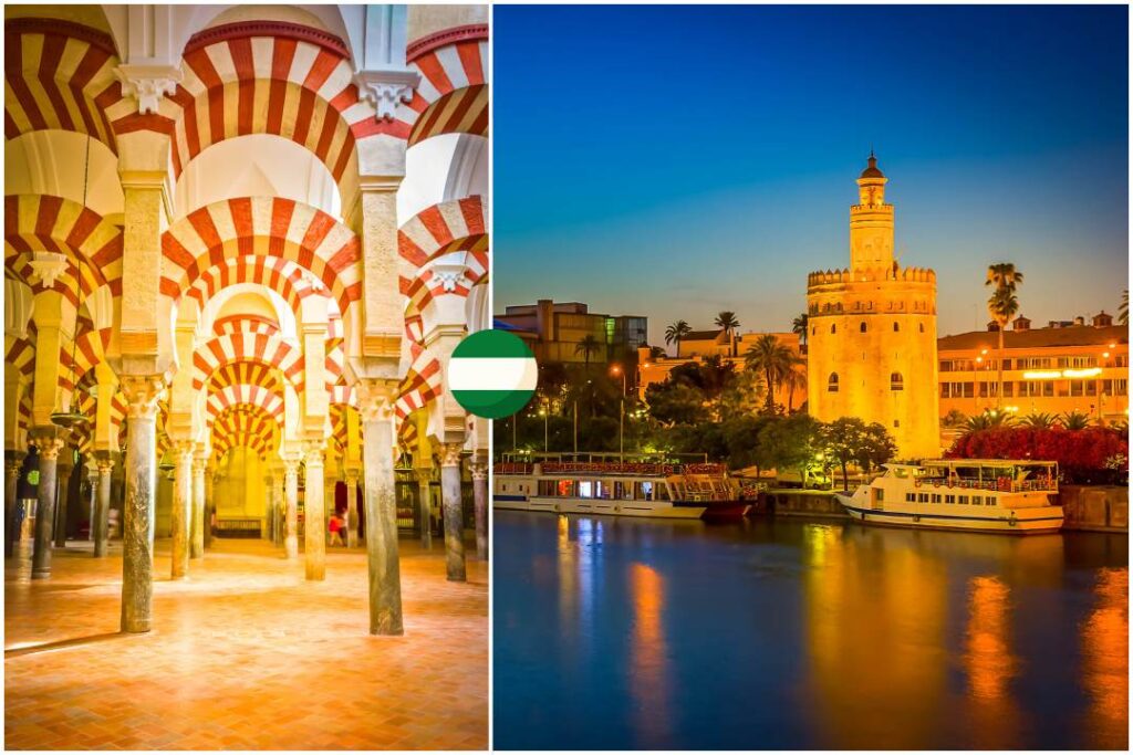 Sevilla y Córdoba son dos ciudades andaluzas en las que es fundamental contar con un intérprete profesional. En la foto vemos la Mezquita de Córdoba y la Torre del Oro de Sevilla.
